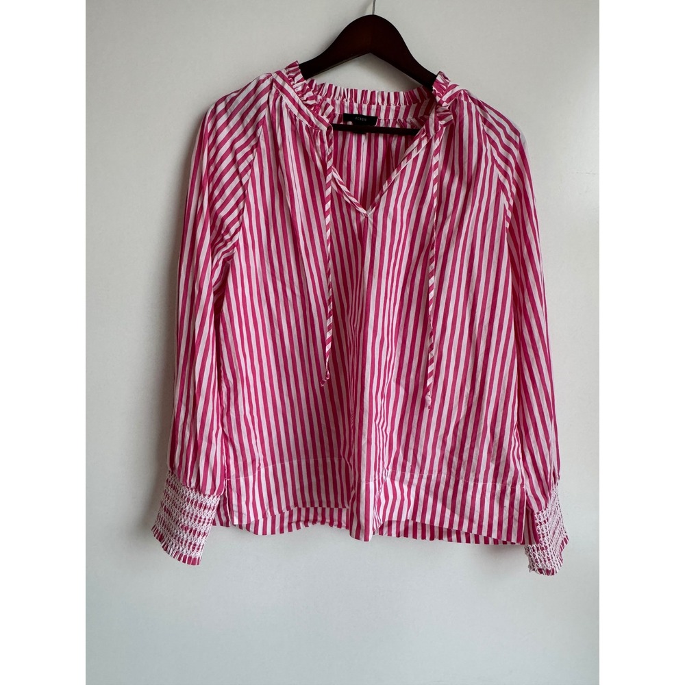 J.Crew Pink White Striped Ruffle Neck Smocked Cuff Cotton Blouse Top Womens Med
